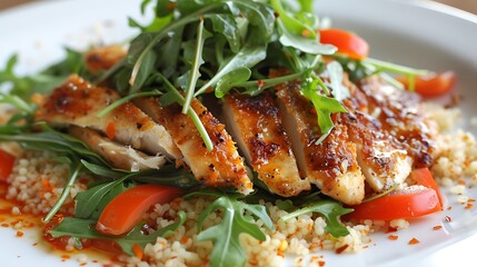Chicken paillard with bulgur and arugula salad