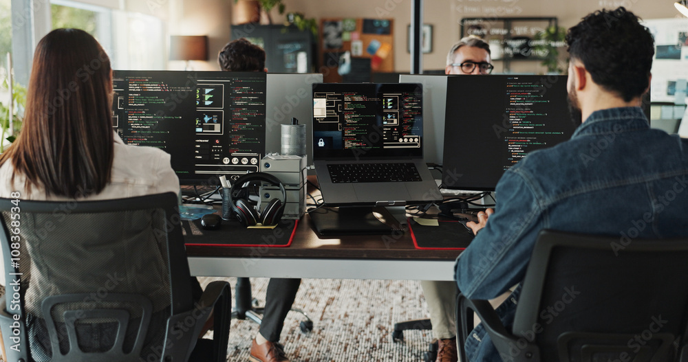 Poster Developer, people and computer with screen in coworking office for web application testing and troubleshooting. Programming, employees and working on developing software solutions at small business
