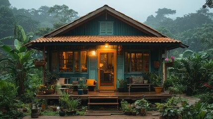 Obraz premium Thai family in an eco-friendly home, surrounded by greenery, sustainable living