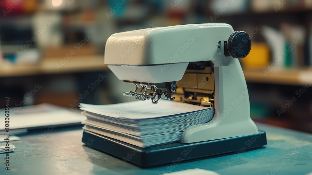 Poster a stapler clicks as it binds a few sheets of paper together. its smooth and consistent mechanism mak