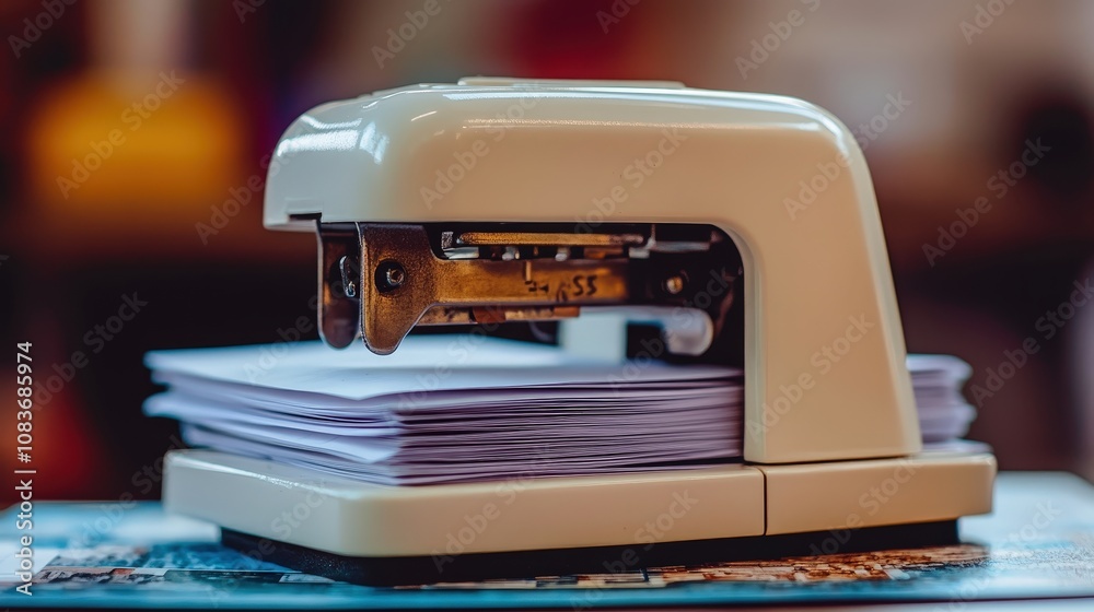 Poster a stapler clicks as it binds a few sheets of paper together. its smooth and consistent mechanism mak