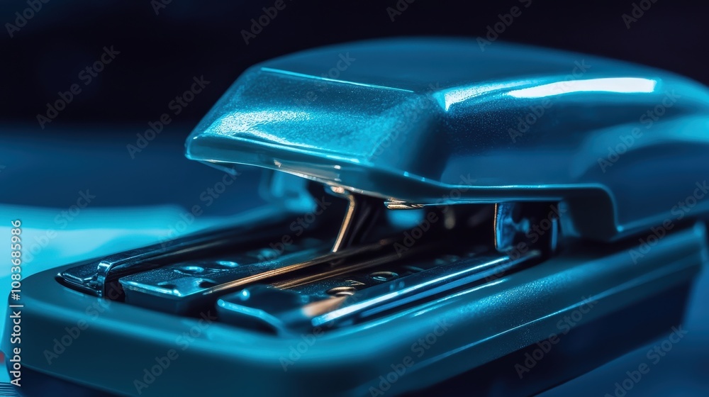 Poster a stapler clicks as it binds a few sheets of paper together. its smooth and consistent mechanism mak