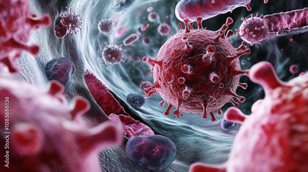 Poster a close up of a virus with many red and pink particles surrounding it