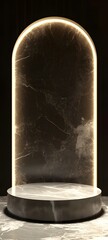 99. A modern podium with a high-gloss marble surface, softly lit, offering space for showcasing a product.