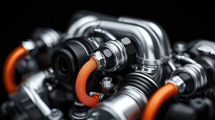 Fototapeta premium A close-up view of a modern engine component showcasing metallic surfaces and vibrant orange hoses against a dark background.
