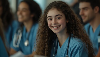Fototapeta premium group of smiling young nursing students in blue scrubs, sitting at their desks during class