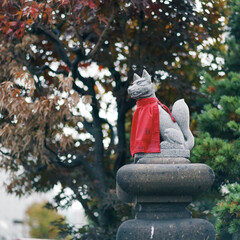 Fox status. A closed up details of fox status sitting in front of the Japanese shrine as shrine guardian. Japanese refers as Kitsune meaning fox. Japanese word is Bunan meaning safety.