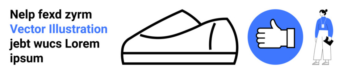 Obraz premium Depicts a minimalist shoe design, thumbs-up icon, and a person holding paper. Ideal for product presentation, fashion, approval, user feedback, marketing, e-commerce, and communication. Landing page