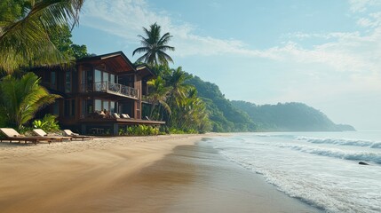 Fototapeta premium Tropical Beach House with Palm Trees and Ocean Views