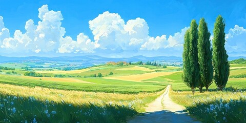 Obraz premium A winding dirt road leads to a farmhouse nestled in a picturesque Tuscan landscape.