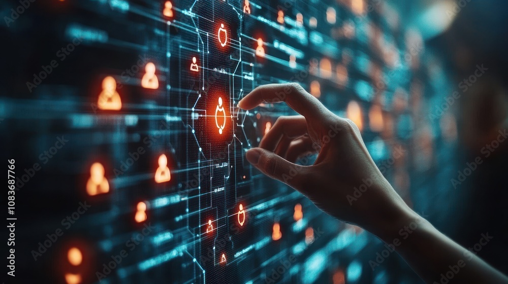 Poster Hand Interacting with a Digital Interface Featuring a Network of Connected Symbols