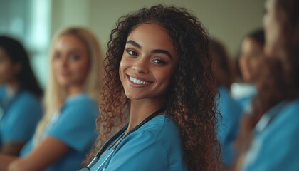 Fototapeta premium group of smiling young nursing students in blue scrubs, sitting at their desks during class