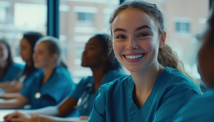 Fototapeta premium group of smiling young nursing students in blue scrubs, sitting at their desks during class