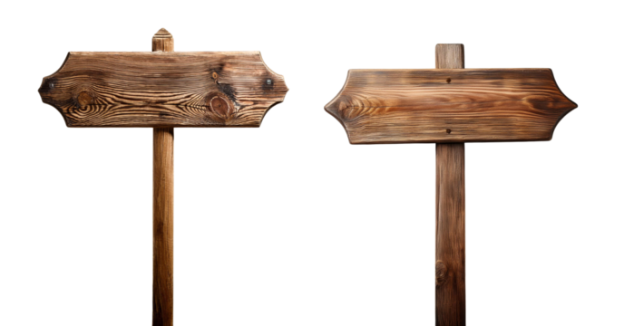 Two wooden signboards with empty spaces for customizable text or directions, ideal for outdoor settings.