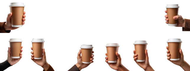 Various hands holding paper coffee cups, showcasing diverse engagement in coffee culture and social interactions.