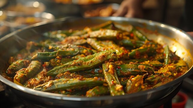 cuisine masala bhindi made up of ladyfinger and gravy decorative in kadhai