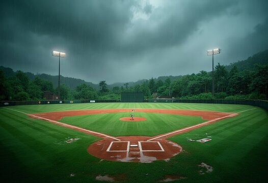 A baseball field with a pitcher's mound and home plate in the foreground, surrounded by a lush green outfield