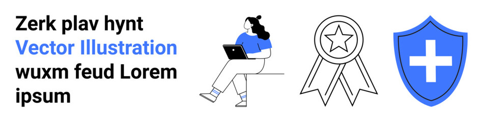 Obraz premium Woman working on laptop, award ribbon with star, shield with cross. Ideal for security, professionalism, productivity, achievements, recognition, online work, landing page