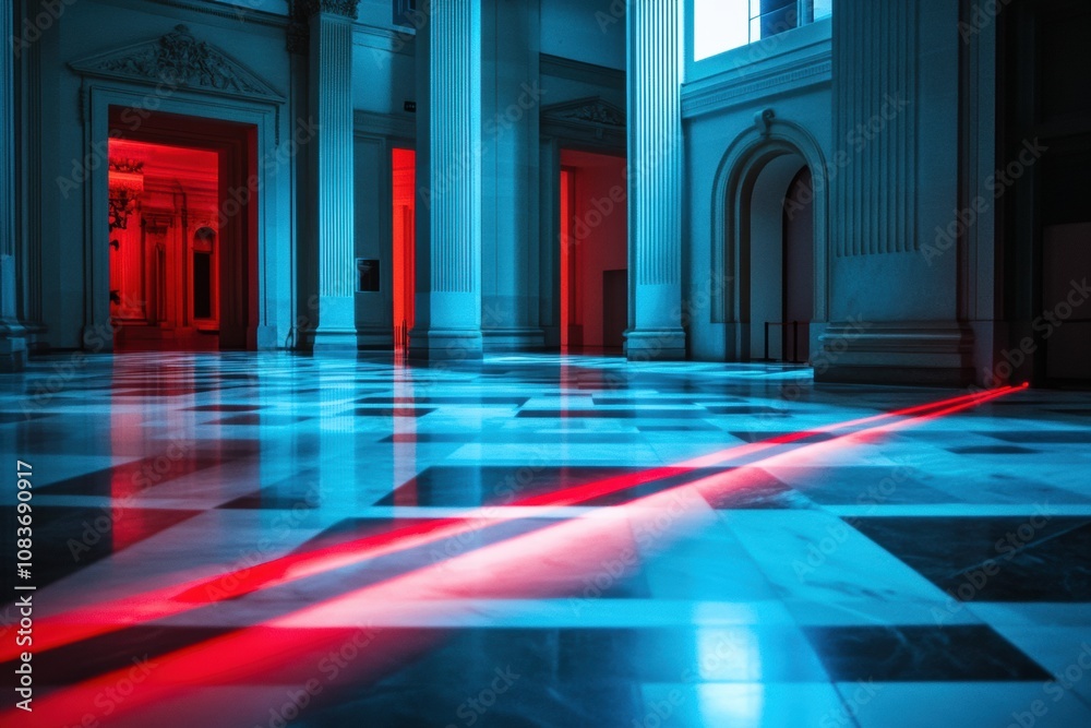 Poster Red laser beams create a striking pattern across a marble floor in a grand hall, highlighting security measures in place at night. Generative AI