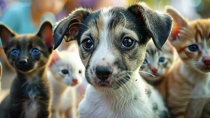 Dreamy blur of charming puppies and curious kittens exploring the adoption event.