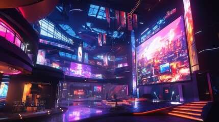 State-of-the-art E-sports stage setup with vibrant lights, a giant LED screen showing game scenes, and team flags hanging, creating a futuristic atmosphere