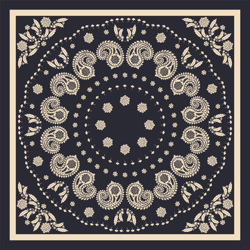 black and white scarf or bandana design with paisley mandala pattern and floral elements. Ethnic monochrome carpet design.