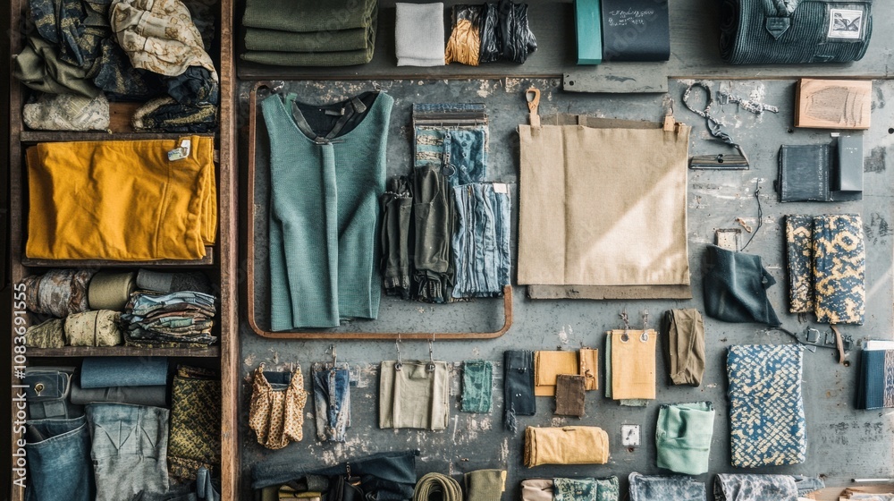 Aufkleber a vibrant workspace showcases an organized array of recycled and upcycled fashion items, highlightin