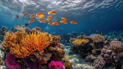 Obraz premium Underwater scene with colorful coral reefs and tropical fish, showing the delicate balance of marine ecosystems and the need for ocean preservation