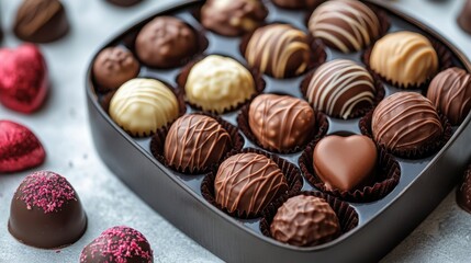 Valentine chocolates in heart-shaped box, rich and indulgent, perfect gift, on solid white background, single object