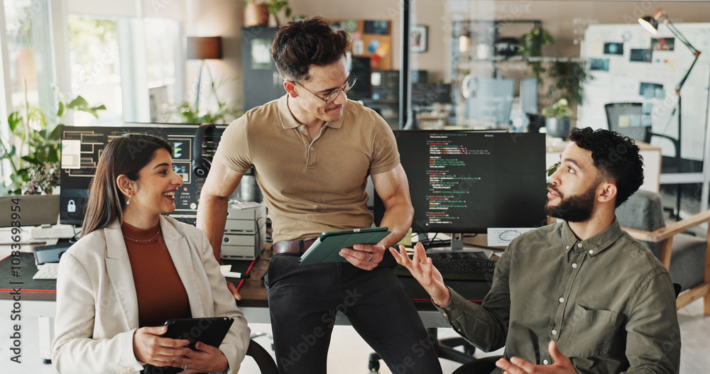 Poster Programmer, teamwork and research with business people in office for website developer, coding bootcamp and review. Mentor, collaboration and software engineer with group of employees in tech startup
