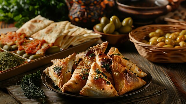 Fatayer and aud and oriental food concept thyme meat cheese olives and more