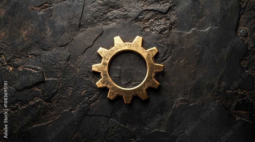 Leinwandbilder a metallic golden gear symbol rests on a rough dark surface, representing creativity and engineering