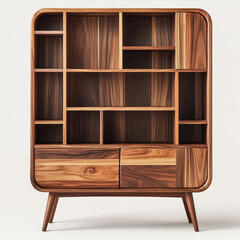 Retro style wooden bookshelf with rounded edges featuring different sized shelves and small drawers