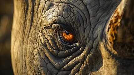 Fototapeta premium Rhino's Eye Close-Up: A close-up of a rhino's eye, revealing its tough exterior and gentle soul, surrounded by earthy tones of its natural habitat.