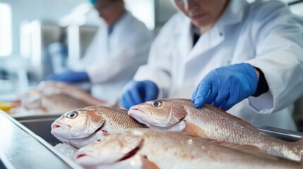 Scientist examining fish samples in modern lab, focus on research and marine biology, clean and professional environment.