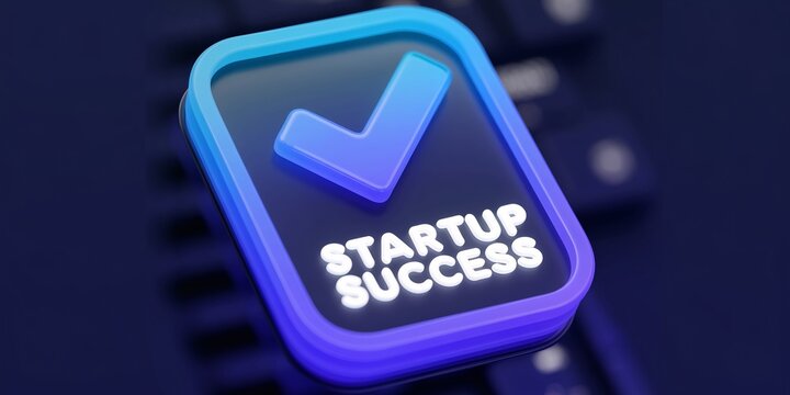 A glowing, stylized checkmark symbolizes achieving startup success, hovering above a blurred keyboard, representing the digital world of entrepreneurship. - Powered by Adobe
