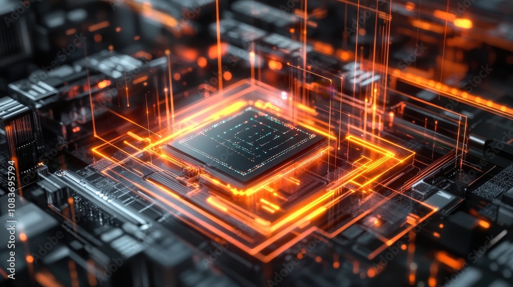 Poster a modern quantum computer setup, showing layers of technology designed to handle quantum calculation