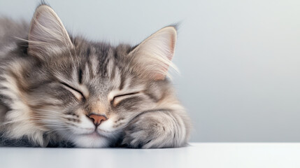 Fototapeta premium fluffy cat sleeping peacefully, curled up on soft surface, exuding tranquility and comfort