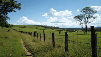 Fototapeta premium A solar-powered electric fence system that uses solar panels to power its energizer, offering a sustainable solution for livestock management and land protection.