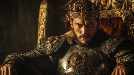 Medieval king in armor sitting on a throne with intense gaze