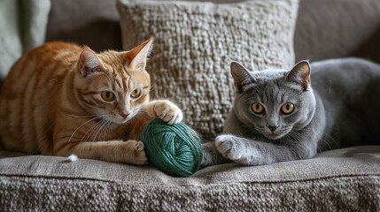 Ginger and gray cats playfully competing over green yarn on a rustic couch with knit pillow and woven rug, captured in soft natural light highlighting their lively interaction