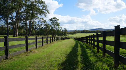 Fototapeta premium A solar-powered electric fence system that uses solar panels to power its energizer, offering a sustainable solution for livestock management and land protection.