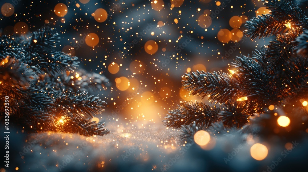 Poster pine branches adorned with warm lights and snow
