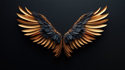 Obraz premium Modern Abstract Golden Wings on Black: A Dynamic and Luxurious Design Ideal for Fashion, Event Branding, or Promotional Logos, Representing Power, Elegance, and Sophistication