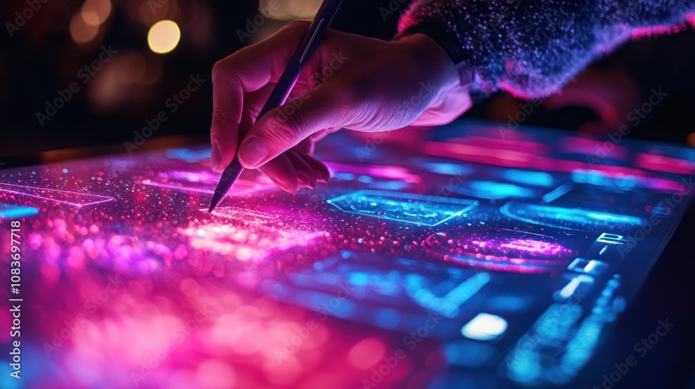 Poster hand using stylus on a tablet with neon lights