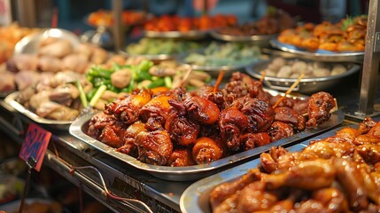 Obraz premium Fresh raw chicken on display in a market