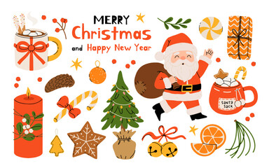 Fototapeta premium Collection of Christmas and winter elements. Colorful vector illustration in flat cartoon style. Merry Christmas. Perfect for scrapbooking, greeting cards, party invitations, posters and stickers.