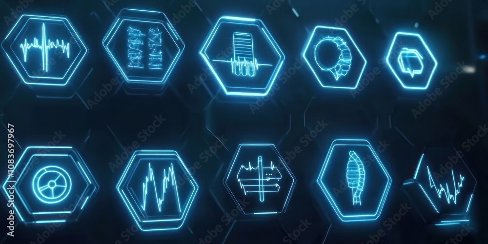 Poster abstract hexagon pattern with glowing blue lines and medical symbols
