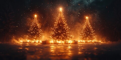 Naklejka premium Three Glowing Christmas Trees with Presents in a Snowy Forest