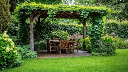 A rustic backyard with a wooden pergola covered in climbing ivy. Underneath, a table and chairs...